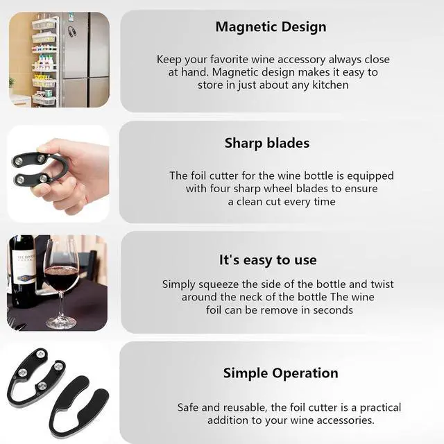 Alt view image 6 of 7 - JianlianLab Wine Foil Cutter Magnetic Design, 4 Stainless Blades Foil Remover Wine Bottles Opener Accessory, Removes Foil Top Effortlessly for Wine Lovers, Black (4)