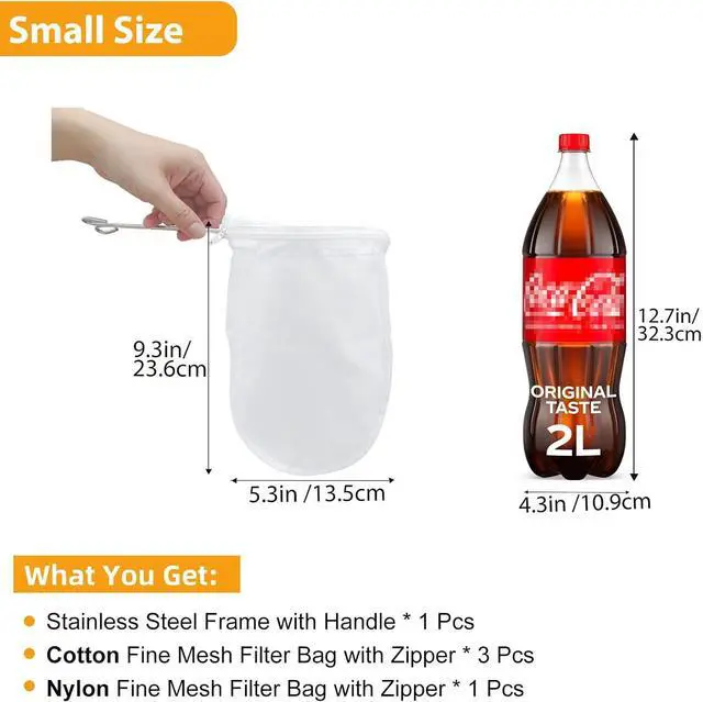 Alt view image 2 of 7 - 5 Pcs Premium Ultra Fine Mesh Strainer Bags with Stainless Steel Handle, Reusable Nut Milk Bags, Cheese Cloths for Straining Juice, NutMilk, Coffee, Thai Tea, Yogurt and Soup (Small)