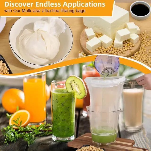 Alt view image 7 of 7 - 5 Pcs Premium Ultra Fine Mesh Strainer Bags with Stainless Steel Handle, Reusable Nut Milk Bags, Cheese Cloths for Straining Juice, NutMilk, Coffee, Thai Tea, Yogurt and Soup (Small)