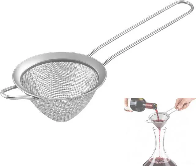 Main image of Wine Strainer for Sediment, Fine Mesh Strainer for Kitchen, Made of 304 Stainless Steel, for Smoother Taste, No-Rust, Cone Shape with Rest and Long Handle, Ideal for Wine Decanter, Silver
