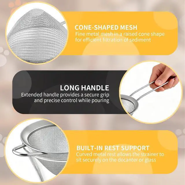 Alt view image 3 of 7 - Wine Strainer for Sediment, Fine Mesh Strainer for Kitchen, Made of 304 Stainless Steel, for Smoother Taste, No-Rust, Cone Shape with Rest and Long Handle, Ideal for Wine Decanter, Silver
