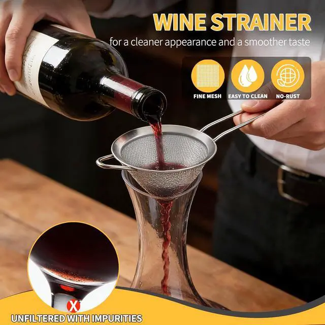 Alt view image 2 of 7 - Wine Strainer for Sediment, Fine Mesh Strainer for Kitchen, Made of 304 Stainless Steel, for Smoother Taste, No-Rust, Cone Shape with Rest and Long Handle, Ideal for Wine Decanter, Silver