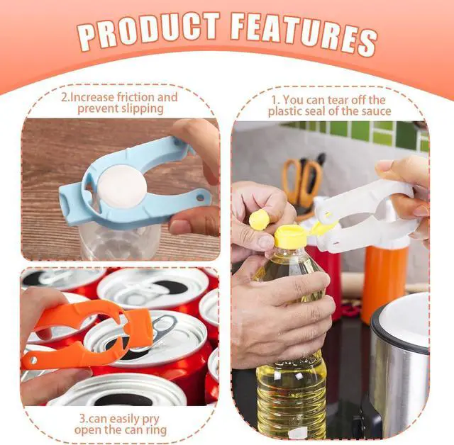 Alt view image 3 of 7 - 6-Pack Plastic Bottle Cap Opener, 3-in-1 Multi-Purpose Gripper Water Bottle Opener for Arthritic Hands, Easy-Twist Jar Opener Tool for Kitchen, Camping & Outdoor Use (Orange, Blue, White)