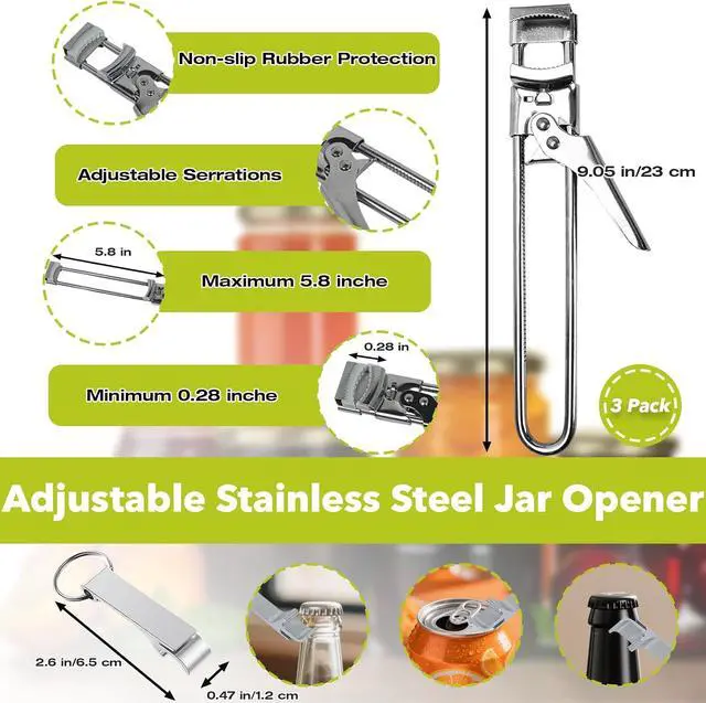 Alt view image 2 of 7 - 3-Pack Adjustable Stainless Steel Jar Opener - Multifunctional Jar Opener for Weak Hands, Seniors with Arthritis - Includes Keychain Opener - Opens Jars, Bottles, Containers EasilyKitchen Accessories