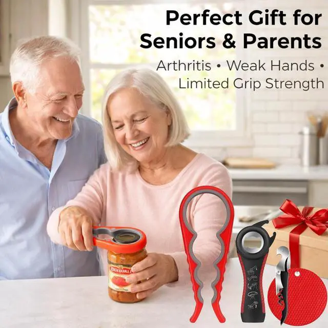 Alt view image 2 of 7 - Jar Opener Bottle Opener for Weak Hands, Seniors with Arthritis 4PC-Set - Jar Lid, Can & Water Bottle Opener, Corkscrew Wine Opener, Non-Slip Rubber Jar Opener & Gripper Pad - Gifts for Parents