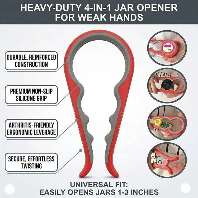 Alt view image 5 of 7 - Jar Opener Bottle Opener for Weak Hands, Seniors with Arthritis 4PC-Set - Jar Lid, Can & Water Bottle Opener, Corkscrew Wine Opener, Non-Slip Rubber Jar Opener & Gripper Pad - Gifts for Parents