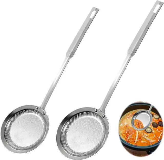 Main image of 2 Pack Fine Mesh Stainless Steel Colander Filte Grease Foam Extra Fine Strainer with Handle Sieve Spoon for Oil Filter Food Strainers Kitchen Gadget for Oil Vegetable Quinoa Tea Juice (Large+Small)