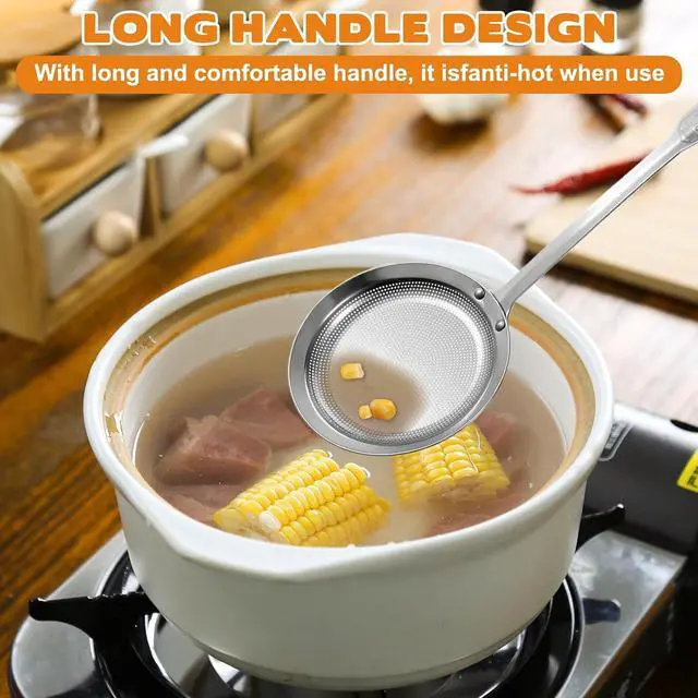 Alt view image 2 of 7 - 2 Pack Fine Mesh Stainless Steel Colander Filte Grease Foam Extra Fine Strainer with Handle Sieve Spoon for Oil Filter Food Strainers Kitchen Gadget for Oil Vegetable Quinoa Tea Juice (Large+Small)