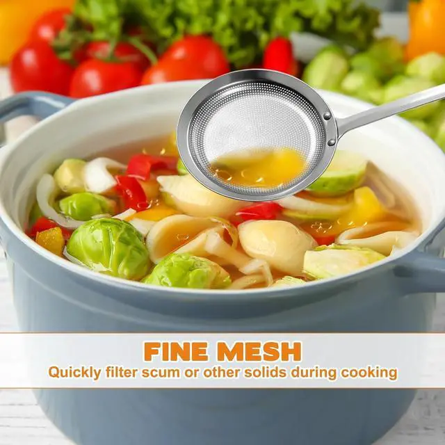 Alt view image 3 of 7 - 2 Pack Fine Mesh Stainless Steel Colander Filte Grease Foam Extra Fine Strainer with Handle Sieve Spoon for Oil Filter Food Strainers Kitchen Gadget for Oil Vegetable Quinoa Tea Juice (Large+Small)