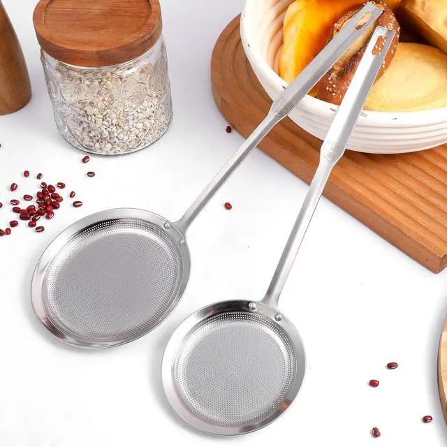 Alt view image 4 of 7 - 2 Pack Fine Mesh Stainless Steel Colander Filte Grease Foam Extra Fine Strainer with Handle Sieve Spoon for Oil Filter Food Strainers Kitchen Gadget for Oil Vegetable Quinoa Tea Juice (Large+Small)