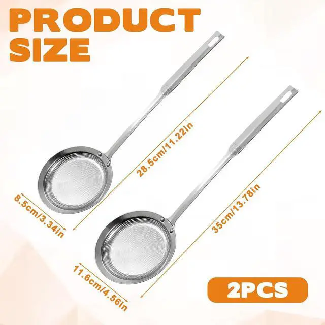 Alt view image 5 of 7 - 2 Pack Fine Mesh Stainless Steel Colander Filte Grease Foam Extra Fine Strainer with Handle Sieve Spoon for Oil Filter Food Strainers Kitchen Gadget for Oil Vegetable Quinoa Tea Juice (Large+Small)
