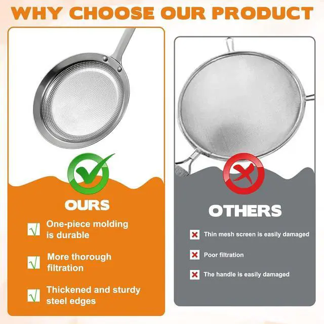 Alt view image 6 of 7 - 2 Pack Fine Mesh Stainless Steel Colander Filte Grease Foam Extra Fine Strainer with Handle Sieve Spoon for Oil Filter Food Strainers Kitchen Gadget for Oil Vegetable Quinoa Tea Juice (Large+Small)