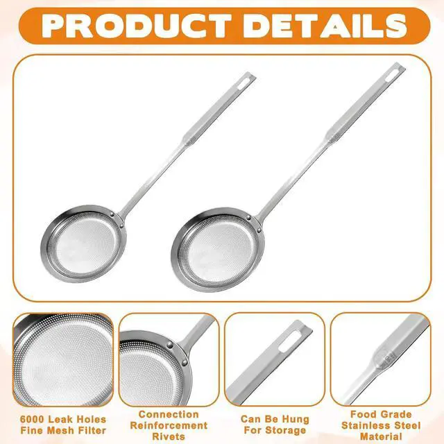 Alt view image 7 of 7 - 2 Pack Fine Mesh Stainless Steel Colander Filte Grease Foam Extra Fine Strainer with Handle Sieve Spoon for Oil Filter Food Strainers Kitchen Gadget for Oil Vegetable Quinoa Tea Juice (Large+Small)