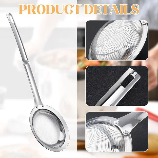 Alt view image 6 of 7 - Skimmer Spoon Filter Grease Foam Fine Mesh Stainless Steel Sieve Colander, Extra Fine Strainer With Handle Handheld Fry Oil Filter for Cooking Sieve Spoon for Food Strainer Kitchen Gadget (Large)