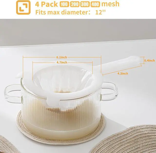 Alt view image 2 of 7 - Premium Multi-Mesh Strainer Set, 4 Pack - 100/200/300/400 Mesh, Nylon & Plastic Fine Mesh Sieve for Tea, Coffe, Nut Milk, Juice, Broth, Smoothies, Reusable & Easy to Clean, Durable,Dishwarer Safe