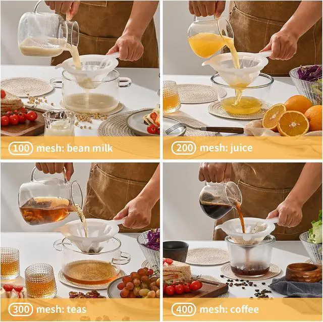 Alt view image 4 of 7 - Premium Multi-Mesh Strainer Set, 4 Pack - 100/200/300/400 Mesh, Nylon & Plastic Fine Mesh Sieve for Tea, Coffe, Nut Milk, Juice, Broth, Smoothies, Reusable & Easy to Clean, Durable,Dishwarer Safe
