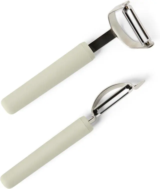 Main image of Amazon Basics Vegetable Peelers with Ultra-Sharp Stainless Steel Swivel Blades, Non-Slip Soft-Touch Handle, Protective Covers, 2-Piece Set, Dishwasher-Safe, Linen Gray