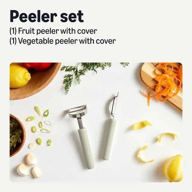 Alt view image 2 of 7 - Amazon Basics Vegetable Peelers with Ultra-Sharp Stainless Steel Swivel Blades, Non-Slip Soft-Touch Handle, Protective Covers, 2-Piece Set, Dishwasher-Safe, Linen Gray