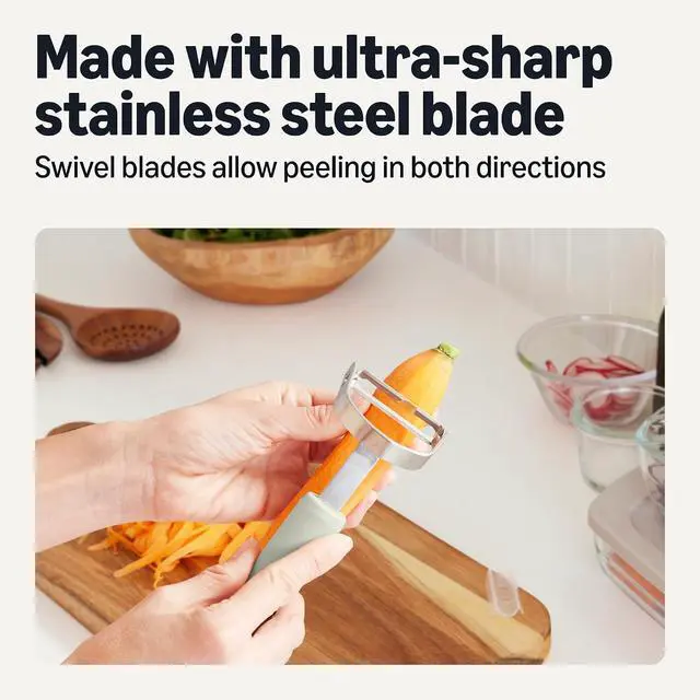 Alt view image 3 of 7 - Amazon Basics Vegetable Peelers with Ultra-Sharp Stainless Steel Swivel Blades, Non-Slip Soft-Touch Handle, Protective Covers, 2-Piece Set, Dishwasher-Safe, Linen Gray