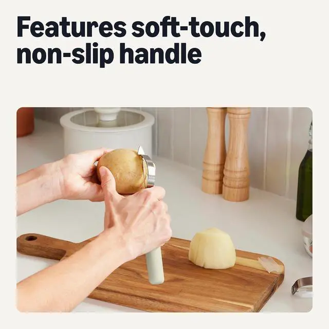 Alt view image 4 of 7 - Amazon Basics Vegetable Peelers with Ultra-Sharp Stainless Steel Swivel Blades, Non-Slip Soft-Touch Handle, Protective Covers, 2-Piece Set, Dishwasher-Safe, Linen Gray