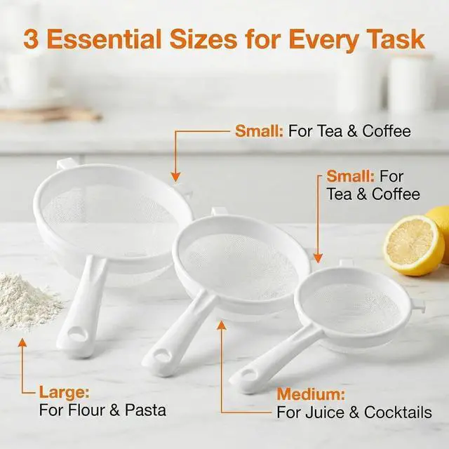 Alt view image 6 of 7 - 3 PCS Plastic Strainer with Handle Fine Mesh Strainer with Handle Nylon Mesh Strainers Colander Double Ear Fine Food Flour Sifter Food Yogurt Meshes Sieve for Baking Kitchen Colander Sifter Tea Juice