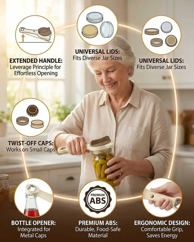 Alt view image 3 of 7 - Jar Opener 4-in-1 Adjustable Stainless Steel Secure Grip Lid Remover for Jars, Bottles & Cans, Multifunctional Kitchen Tool
