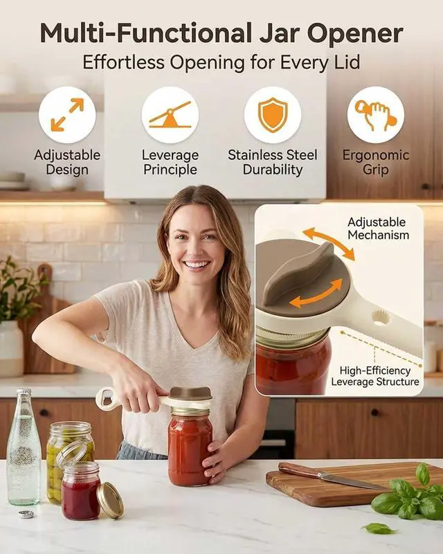Alt view image 4 of 7 - Jar Opener 4-in-1 Adjustable Stainless Steel Secure Grip Lid Remover for Jars, Bottles & Cans, Multifunctional Kitchen Tool