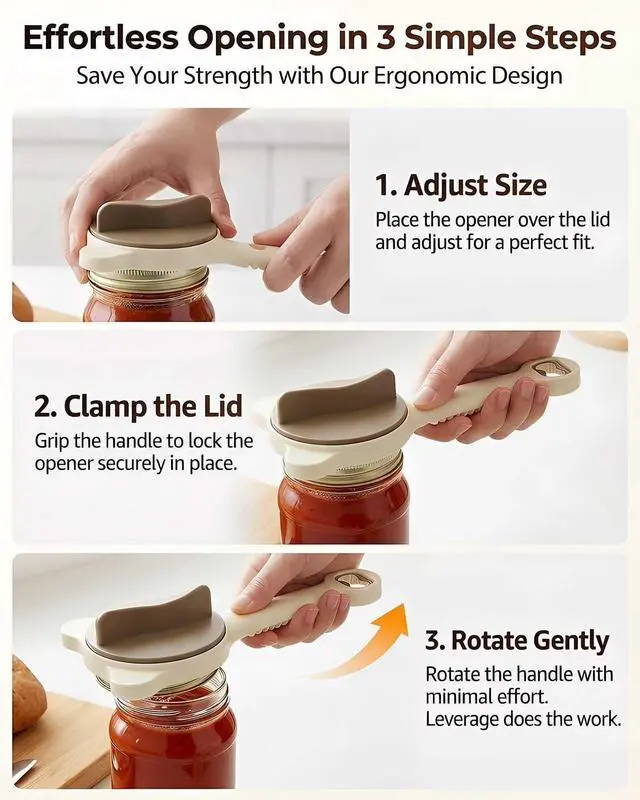 Alt view image 5 of 7 - Jar Opener 4-in-1 Adjustable Stainless Steel Secure Grip Lid Remover for Jars, Bottles & Cans, Multifunctional Kitchen Tool