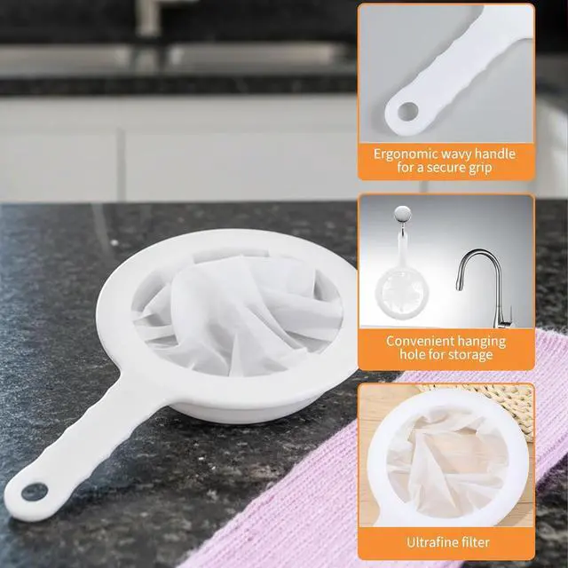 Alt view image 4 of 7 - 2 Pcs Plastic Fine Mesh Strainer, Nylon Ultra-Fine Juice Strainer Fine Mesh Sieve Small Coffee Strainers with Handle Mini Brine Shrimp Separation Net for Nut Milk, Yogurt, Honey, Wine (300/400 Mesh)
