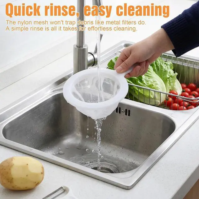 Alt view image 6 of 7 - 2 Pcs Plastic Fine Mesh Strainer, Nylon Ultra-Fine Juice Strainer Fine Mesh Sieve Small Coffee Strainers with Handle Mini Brine Shrimp Separation Net for Nut Milk, Yogurt, Honey, Wine (300/400 Mesh)
