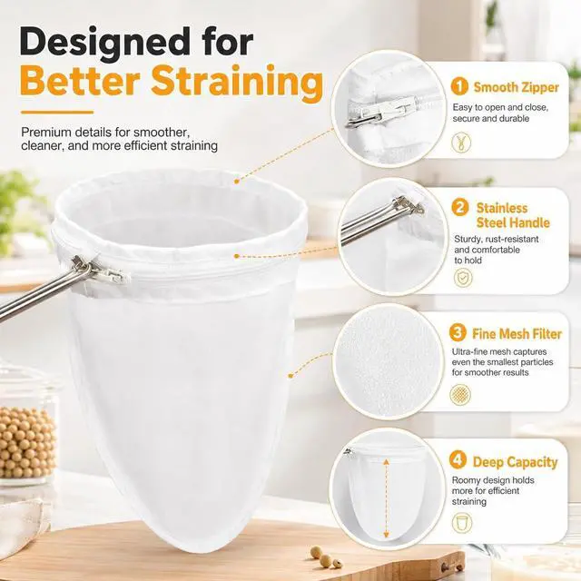 Alt view image 3 of 7 - RAINFLOW 3PCS Ultra Fine Mesh Strainer Bags with Stainless Steel Handle