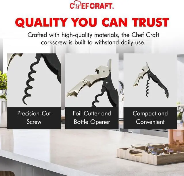 Alt view image 6 of 7 - Chef Craft Select Waiters Corkscrew with Foil Cutter and Bottle Opener, 5 inches in Length, Stainless Steel/Black