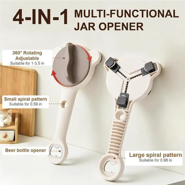 Alt view image 5 of 7 - 4-in-1 Jar Opener for Seniors & Weak Hands, Adjustable Stainless Steel Opener for Jars, Beer Bottles, and Salad Dressing Easy-Grip Kitchen Tool (White)