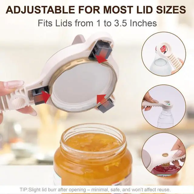Alt view image 6 of 7 - 4-in-1 Jar Opener for Seniors & Weak Hands, Adjustable Stainless Steel Opener for Jars, Beer Bottles, and Salad Dressing Easy-Grip Kitchen Tool (White)