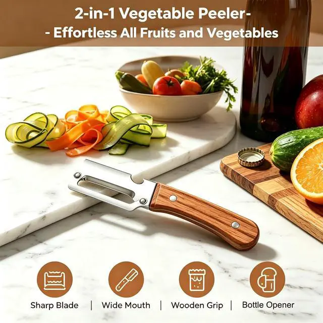 Alt view image 2 of 7 - 2-in-1 Multifunctional Vegetable Peeler, Premium Vegetable Peeler with Wooden Handle and Bottle Opener, Kitchen Tool for Fruit Apple Potato Pumpkin Papaya (1PC)