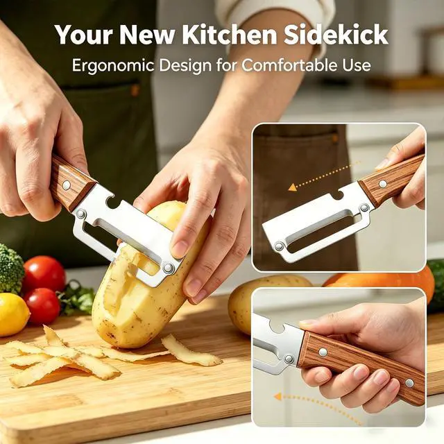 Alt view image 3 of 7 - 2-in-1 Multifunctional Vegetable Peeler, Premium Vegetable Peeler with Wooden Handle and Bottle Opener, Kitchen Tool for Fruit Apple Potato Pumpkin Papaya (1PC)