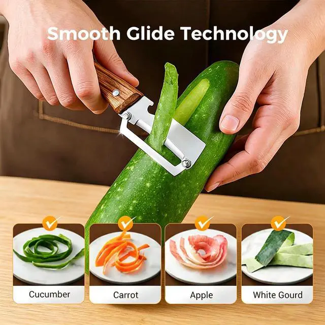 Alt view image 6 of 7 - 2-in-1 Multifunctional Vegetable Peeler, Premium Vegetable Peeler with Wooden Handle and Bottle Opener, Kitchen Tool for Fruit Apple Potato Pumpkin Papaya (1PC)