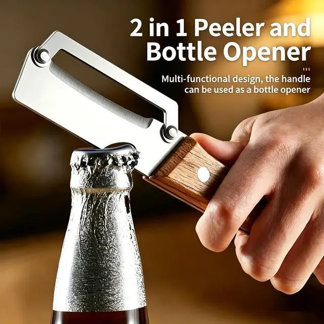 Alt view image 5 of 7 - 2-in-1 Multifunctional Vegetable Peeler, Premium Vegetable Peeler with Wooden Handle and Bottle Opener, Kitchen Tool for Fruit Apple Potato Pumpkin Papaya (1PC)