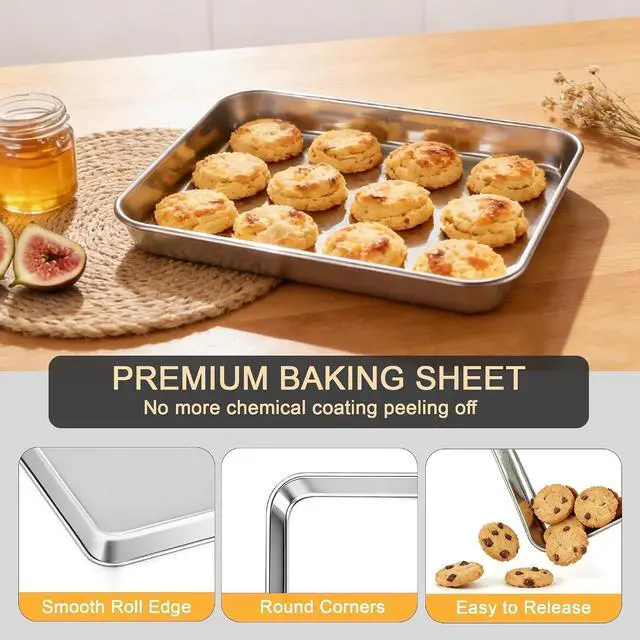 Alt view image 3 of 7 - Onader Baking Sheet Pan Tray, Stainless Steel Small Baking Cookie Sheets, 9 x 7 Inch Mini Toaster Oven Trays, Food-Grade Durable Mirror Finish & Dishwasher Safe, 1-Pack