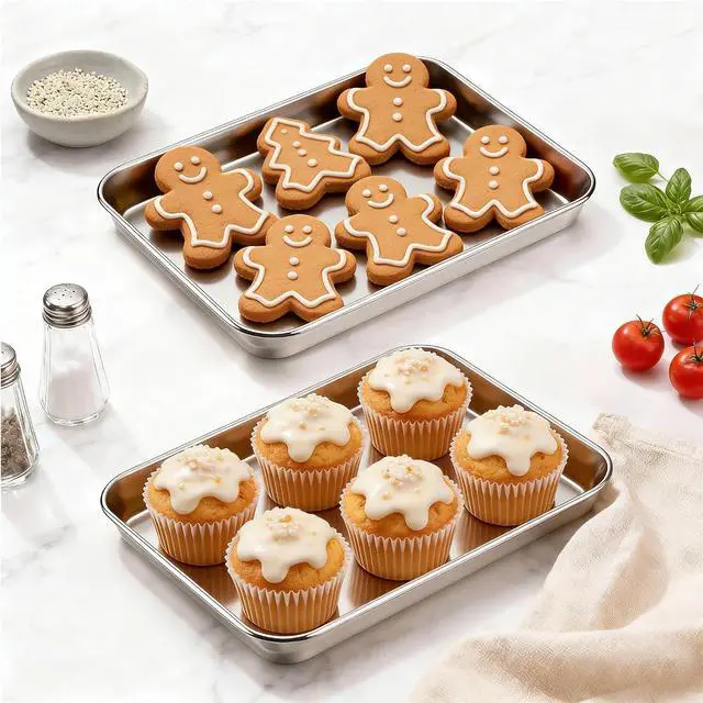 Alt view image 6 of 7 - Onader Baking Sheet Pan Tray, Stainless Steel Small Baking Cookie Sheets, 9 x 7 Inch Mini Toaster Oven Trays, Food-Grade Durable Mirror Finish & Dishwasher Safe, 1-Pack