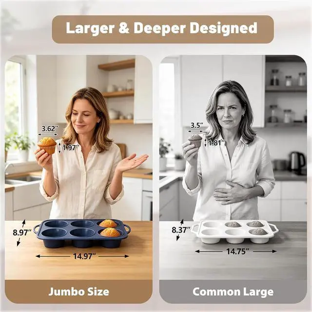 Alt view image 2 of 7 - Jumbo Silicone Muffin Pan with Frame, Non Stick Large Cupcake Baking Tin