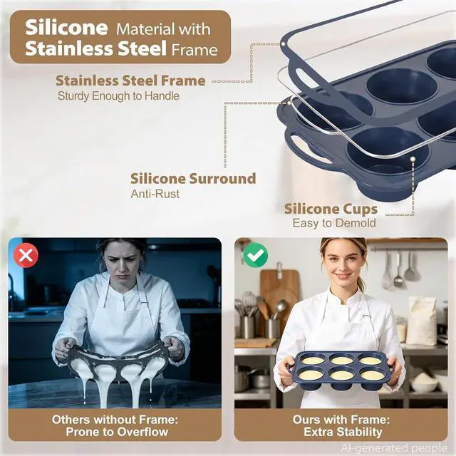 Alt view image 5 of 7 - Jumbo Silicone Muffin Pan with Frame, Non Stick Large Cupcake Baking Tin