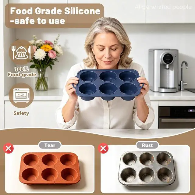 Alt view image 7 of 7 - Jumbo Silicone Muffin Pan with Frame, Non Stick Large Cupcake Baking Tin