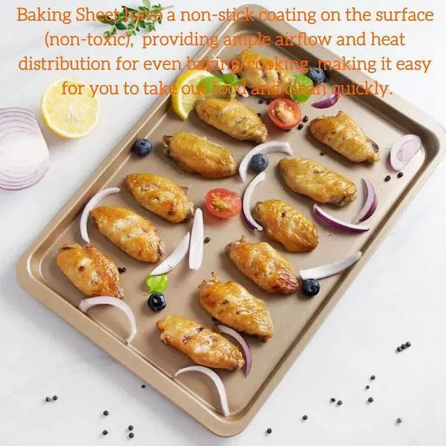 Alt view image 3 of 4 - 14.5 Inch Baking Sheet Pan, Stainless Carbon-Steel Cookie Tray for Baking, Gold Nonstick Baking Sheet for Kitchen Replacement Toaster Oven Tray.