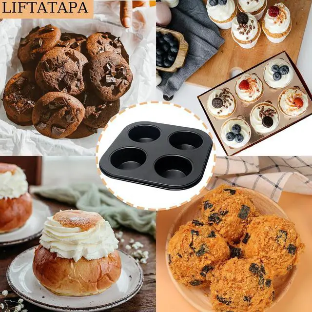 Alt view image 7 of 7 - 4 Cup Muffin Pan Mold, Non-stick Cupcake Baking Pan Mini Pie Pans, Carbon Steel Cake Mould Muffin Tray Standard Baking Mold Pan for Oven Baking(Black)