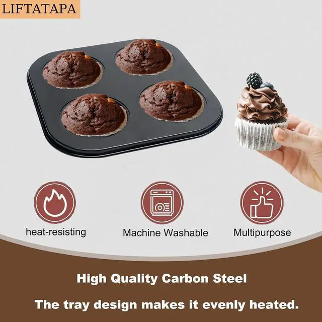 Alt view image 3 of 7 - 4 Cup Muffin Pan Mold, Non-stick Cupcake Baking Pan Mini Pie Pans, Carbon Steel Cake Mould Muffin Tray Standard Baking Mold Pan for Oven Baking(Black)