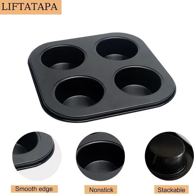 Alt view image 4 of 7 - 4 Cup Muffin Pan Mold, Non-stick Cupcake Baking Pan Mini Pie Pans, Carbon Steel Cake Mould Muffin Tray Standard Baking Mold Pan for Oven Baking(Black)