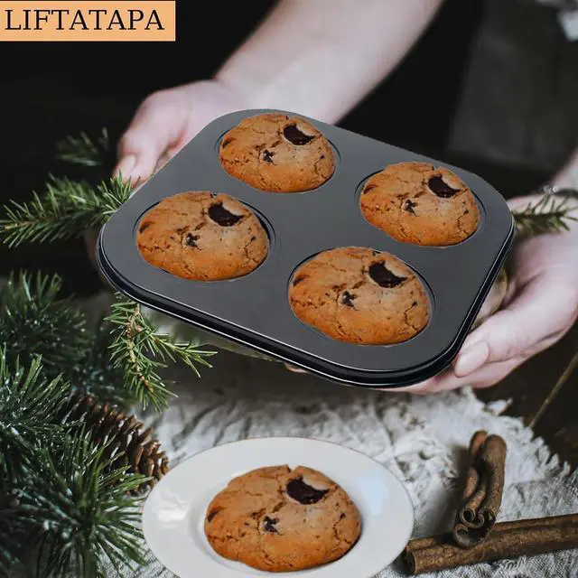 Alt view image 6 of 7 - 4 Cup Muffin Pan Mold, Non-stick Cupcake Baking Pan Mini Pie Pans, Carbon Steel Cake Mould Muffin Tray Standard Baking Mold Pan for Oven Baking(Black)