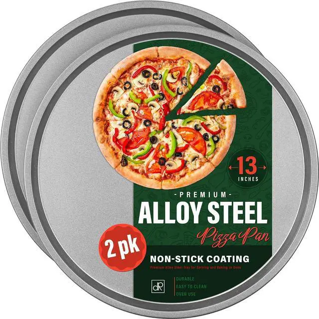 Main image of DecorRack 13 Inch Alloy Steel Pizza Pan, Non-Stick Coating, Serving Tray, Round Baking Tray for Oven Use (2 Pack)