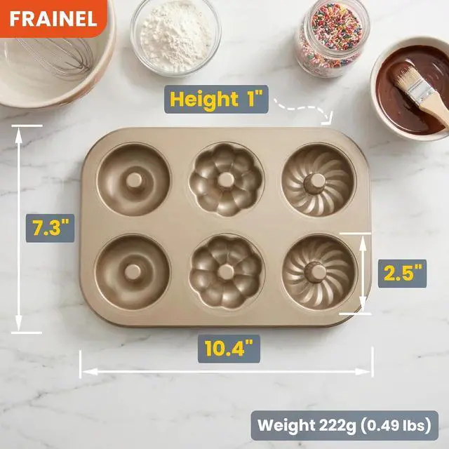Alt view image 2 of 7 - 6-Cavity Donut Pan for Baking, Non-Stick Carbon Steel Doughnut Molds with 3 Unique Shapes (Petal, Swirl & Classic), Heavy-Duty Bagel & Mini Bundt Tray, Champagne Gold